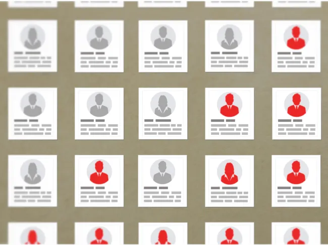 A chart of faces with some marked in red